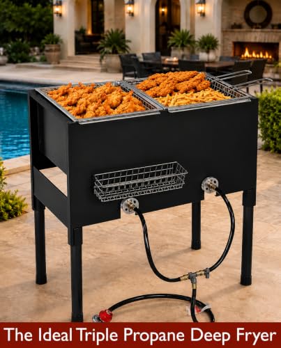 Triple Propane Deep Fryer-3 Basket Stainless Steel Cooker-8 Gal. Oil Capacity-32 QT.-Outdoor Fish Fry/Turkey/Chicken Wings Deep Fryer-148,000 BTU with Hose and Regulator-Ideal for Home & Commercial