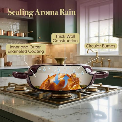 3 Quart Enameled Cast Iron Braiser, Non Stick Enameled Cast Iron Skillet with Lid, Dutch Oven Skillet with lid up to 500°F for Oven, Stove, Grill, Shallow Dutch Oven for Cook, Bake (Fig)