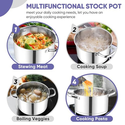 TeamFar 6QT Stainless Steel Stock Pot, Tri-ply Base Cooking Pasta Sauce Soup Pot with Glass Lid for Induction/Gas/Ceramic Stoves, Transparent Cover & Double Handles, Heavy Duty & Dishwasher Safe