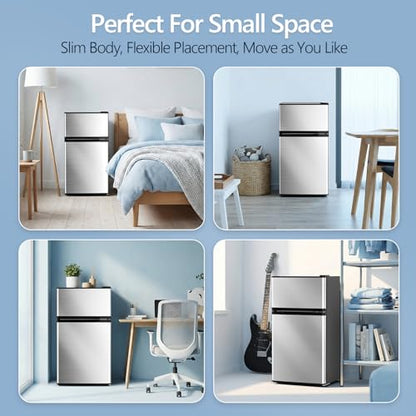 Electactic 2.5 Cu.Ft Mini Fridge with Freezer, Double-Door Compact Refrigerator, Adjustable Glass Shelves, Mechanical Thermostat & Leveling Feet, Space-Saving for Apartment/Dorm/Office, Silver