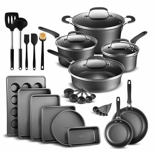 Pots and Pans Set, 23-Piece Non Stick Cookware & Bakeware Sets with Plaid Pattern, Stackable Design, Dishwasher Safe, Stain-resistant, Oven & All-Stove Safe, Tempered Glass Lid, Black