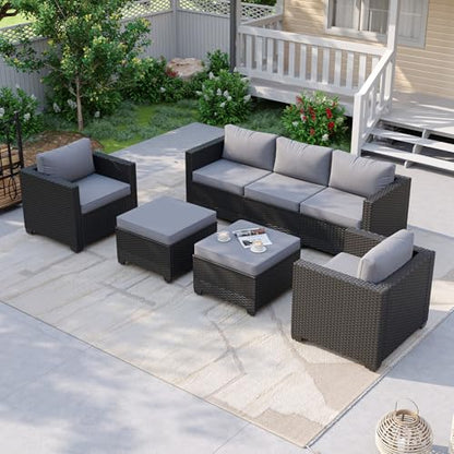 Aoxun Patio Furniture Set, 5 Piece Outdoor Sectional Sofa with Ottomans, Wicker Outdoor Furniture Conversation Sets with Waterproof Cover for Deck Backyard Grey