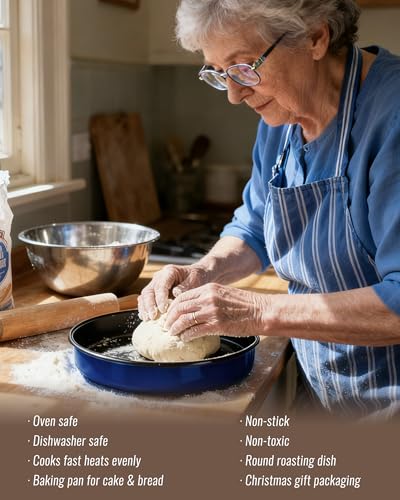 MCCSI Enamel Roasting Pan Set Round Baking Dish 4-Pack 9/10/12/14 Inch Non Stick High Temperature Resistance Bakeware for Pizza & Salad, Oven Dishwasher Safe Mother Day Gift for Wife & Mom Cake Pan