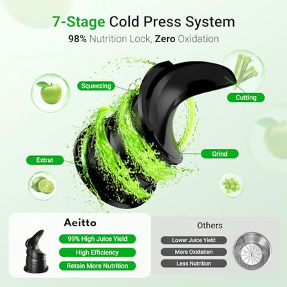 Aeitto Juicer Machines - 5.3" Large Mouth Feed Chute For Fruits & Vegetable & Leafy Greens Juice Press - Cold Press Juicer Machines With Self Feeding & Hands-Free - Juicer Easy to Clean & Assemble