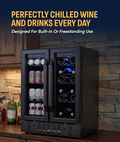 NewAir 24" Dual Zone Beverage Refrigerator & Wine Cooler for 18 Bottles & 58 Cans | Freestanding or Built-In Under Counter Mini Fridge for Beer, Wine and Soda | Black Stainless Steel