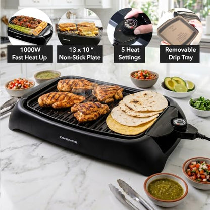 OVENTE Electric Indoor Grill, 13x10 Inch Non-Stick Plate, Black GD1632NLB
