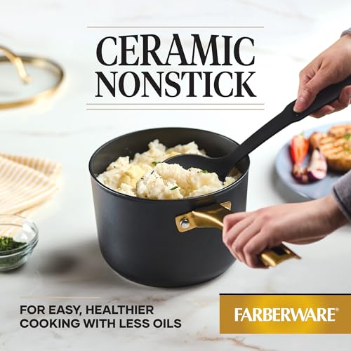Farberware Forged Induction Ceramic Cookware Nonstick Saucepan with Lid, Dishwasher Safe, Suitable for All Stovetops, 3 Quart Sauce Pan - Black and Gold