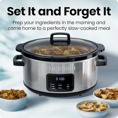Chefman Slow Cooker 7 Quart, Large Family Size Programmable Digital Slow Cooker with 24-Hour Timer, Low, High & Warm Settings, Ceramic Crock, Tempered Glass Lid, Dishwasher-Safe, Stainless Steel