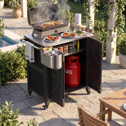 Outdoor Grill Cart with Stainless Steel Top, Outdoor Kitchen Island BBQ Prep Table, 2-Tier Storage Cabinet, Rolling Utility Station with Hanging Trash Bin, Wheels, Side Shelf for Patio, Yard, Picnic
