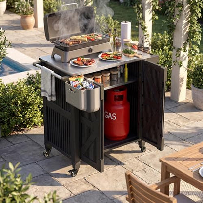 Outdoor Grill Cart with Stainless Steel Top, Outdoor Kitchen Island BBQ Prep Table, 2-Tier Storage Cabinet, Rolling Utility Station with Hanging Trash Bin, Wheels, Side Shelf for Patio, Yard, Picnic