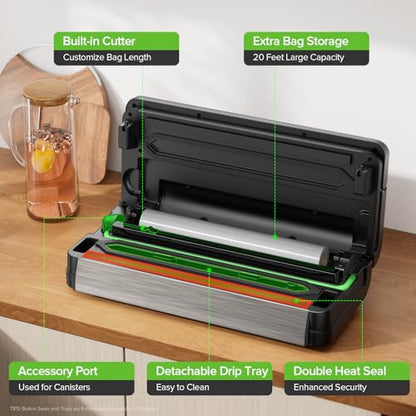 JLHSWENND Vacuum Sealer for Food, 95kPa Food Saver Vacuum Sealer Machine, Dry/Moist Food, Automatic Food Sealer, Touch Display, Double Heat Seal (Gunmetal Steel)