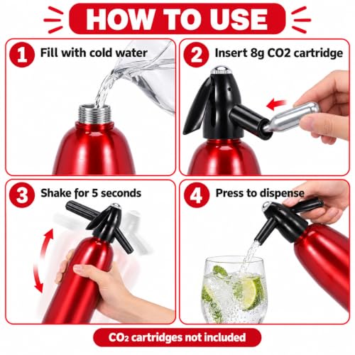 Soda Siphon, 1L Carbonated Water Machine, Soda Maker, Portable Aluminium Sparkling Water Maker for Home Bar Making Cocktails DIY Sparkling Drinks, Use 8 gram CO2 Cartridges (Not Included)