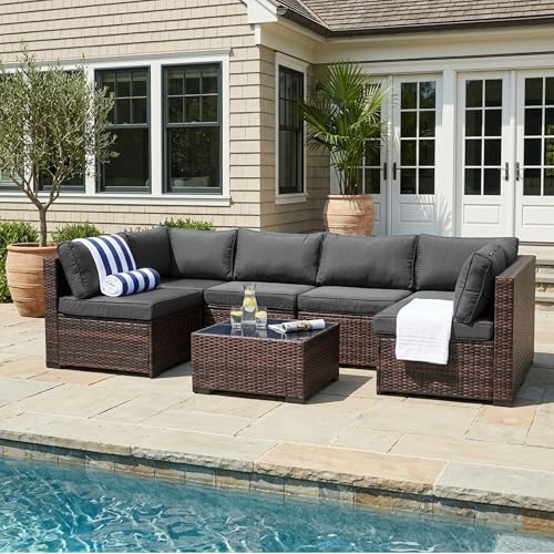 Decksplore 7 Piece Outdoor Patio Furniture Set, Rattan Weather-Resistant Outdoor Conversation Set, Outside Furniture Sectional Sofa Set with 4.3" Anti-Slip Cushions, Glass Table & Rain Cover, Gray