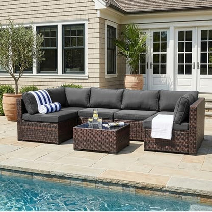Decksplore 7 Piece Outdoor Patio Furniture Set, Rattan Weather-Resistant Outdoor Conversation Set, Outside Furniture Sectional Sofa Set with 4.3" Anti-Slip Cushions, Glass Table & Rain Cover, Gray