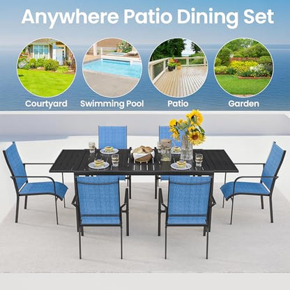 BUPPLEE 7-Piece Patio Dining Set with Expandable Rectangular Table (38"-84"), 6 Textilene Chairs, Outdoor Furniture for Garden, Deck, Backyard, Blue