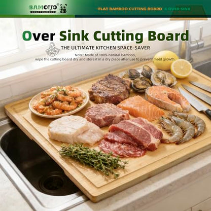BAMOTTO CRAFTBAMBOO XXL Extra Large 100% Organic Bamboo Cutting Board 24"x18" - Butcher Block Chopping/Carving Board with Handle & Juice Groove for Turkey, Meat, Vegetables, BBQ