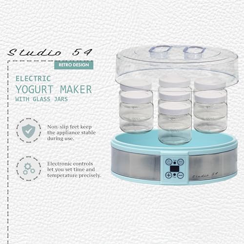 Studio 54 Yogurt Maker Machine with 7 Reusable Glass Jars (6oz Each), Probiotic Greek Yogurt Maker with Precise Time & Temperature Controls, Retro Blue Digital Yogurt Maker