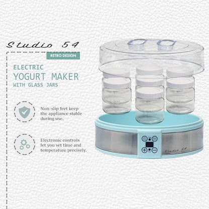 Studio 54 Yogurt Maker Machine with 7 Reusable Glass Jars (6oz Each), Probiotic Greek Yogurt Maker with Precise Time & Temperature Controls, Retro Blue Digital Yogurt Maker