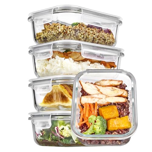 Vtopmart 5Pack 22oz Glass Storage Containers with Lids, Glass Meal Prep Food Container Sets with Snap Airtight Lids for Microwave, Oven, Freezer and Dishwasher, Grey