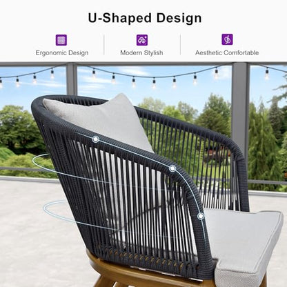 PURPLE LEAF 5 Pieces Patio Dining Set Wicker Outdoor Furniture Oversize Round Table and Chairs Set for Garden Deck Teak-Finish Aluminum Frame Backyard Kitchen Set, Cushions and Pillows Included