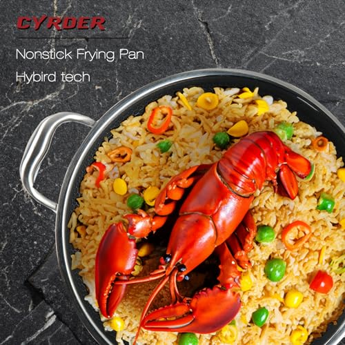 CYRDER Large Hybrid Nonstick Deep Frying Pan-13inch 316L Stainless Steel Sauté Pan and Lid, Two Handle Hold, PFOA Free, Dishwasher Oven Safe, Cookware to Stir fry/Toast/Roast/Bake/Stew, 7.2-Quart