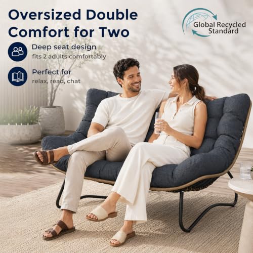 SWITTE Outdoor Patio Loveseat, Double Papasan Chair with Cushion, Charcoal