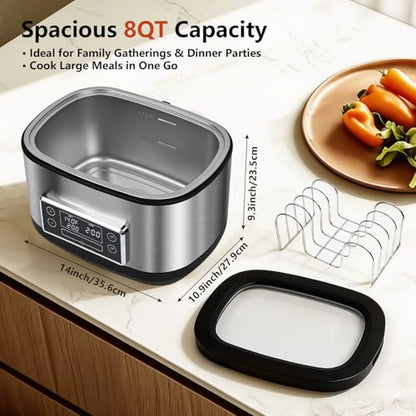 Homtone Sous Vide Machine, 3D Water Circulation, Easy Setup Built-in Design with Precise Temperature Control, 8 Quart for Steak Chicken Meal Prep-with Sous Vide & Seal Bags & Pump