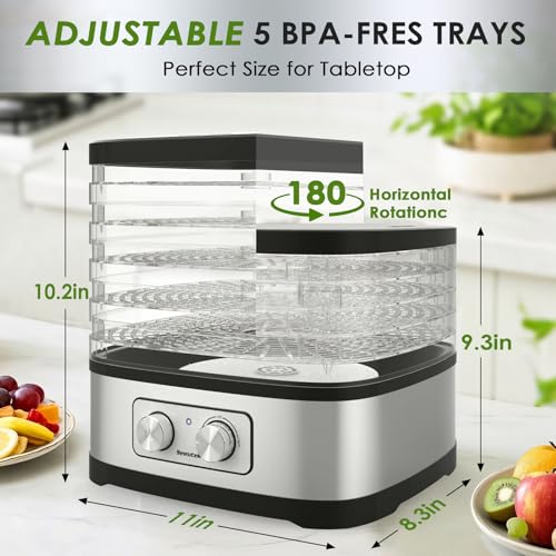 Seeutek Food Dehydrator, 5 BPA-Free Trays Food Dehydrator Machine with Adjustable Temperature Control for Beef Jerky, Fruits, Vegetables, Includes Recipe Book & 4 Reusable Storage Bags
