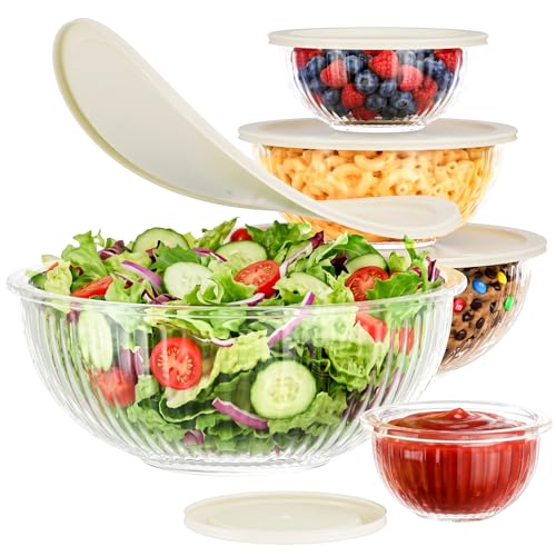 Jelife Glass Mixing Bowls with Lids Set - 5 Packs, Borosilicate Nesting Glass Bowls (3.7-2.1-1-0.5-0.2QT) for Baking, Salad, Meal Prep, Serving, Food Storage, BPA Free & Dishwasher Safe