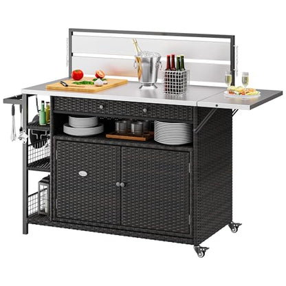 YITAHOME XL Outdoor Kitchen Island, Outdoor Bar Table & Storage Cabinet, Wheels and Stainless Steel Extended Table Top, Side Handle for Patio Kitchen or Bar Cart, Dark Brown