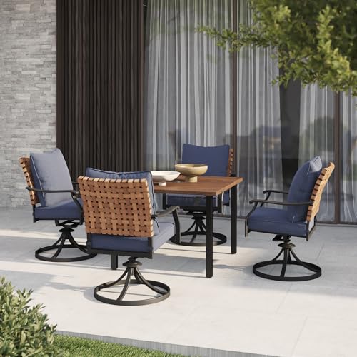 Grand patio 5-Piece Outdoor Dining Set, 4 Leather-Look Wicker Swivel Blue Patio Chairs & 1 Square Woodgrain Dining Table, Brown