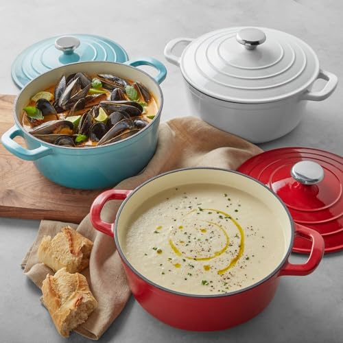 Sur La Table 4-Qt Enameled Cast Iron Dutch Oven – Oven & Broiler to 500°F, Induction Compatible, with Lid for Braising, Baking & Deep Frying, Nonstick Interior, Red