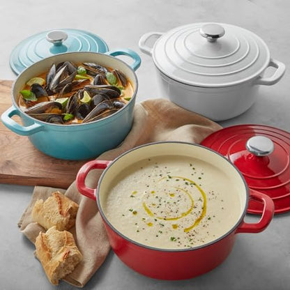 Sur La Table 4-Qt Enameled Cast Iron Dutch Oven – Oven & Broiler to 500°F, Induction Compatible, with Lid for Braising, Baking & Deep Frying, Nonstick Interior, Red