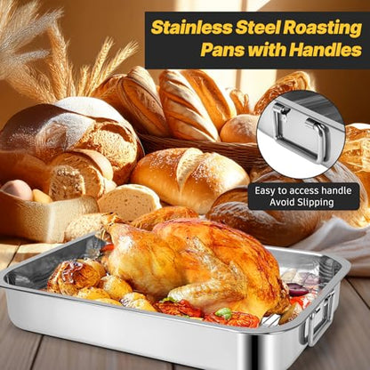 15.5" Stainless Steel Roasting Pans with Handles, Baking Pan for Oven with 2 Racks, Heavy Duty, Dishwasher Safe Rectangular Lasagna Pan with Handles for Turkey Chicken, Silver