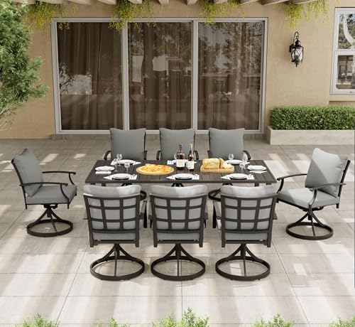 HAPPATIO 9-Piece Patio Dining Set, Outdoor Dining Set with Powder-Coated Metal,Dining Table with Umbrella Hole, 8 Swivel Chairs with Removable Cushions for Porch Poolside Garden,Grey