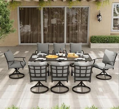 HAPPATIO 9-Piece Patio Dining Set, Outdoor Dining Set with Powder-Coated Metal,Dining Table with Umbrella Hole, 8 Swivel Chairs with Removable Cushions for Porch Poolside Garden,Grey