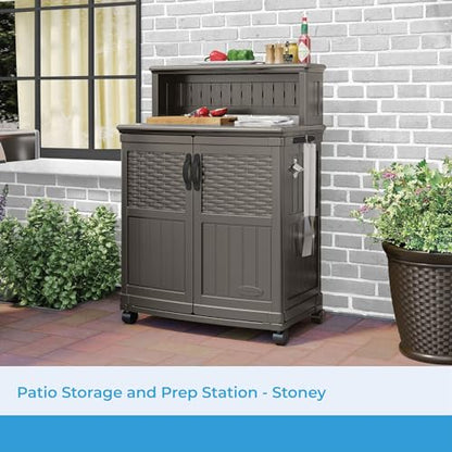 Suncast Patio Storage and Prep Station with 47-Gal. Cabinet, Adjustable Shelf, and Utensil Hooks, Outdoor Rolling Storage Cabinet and Grill Prep Table, Made in The USA