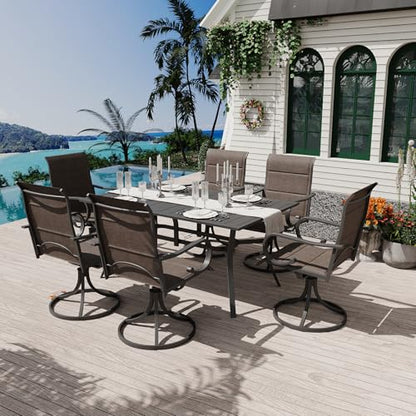 MELLCOM 7-Piece Outdoor Dining Set, 6 Swivel Rocker Chairs with High Back Textilene & Rectangular Metal Dining Table with Umbrella Hole, Patio Furniture Set for Porch, Deck, Brown