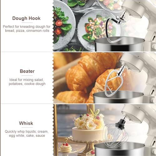 10 Speeds Stand Mixer With Bowl 6.5QT Stainless Steel, Electric Kitchen Stand Up Mixer for Baking Cakes Cookie Bread Salad Food with Egg Whisk, Dough Hook, Flat Beater - Portable Baking Mixers White