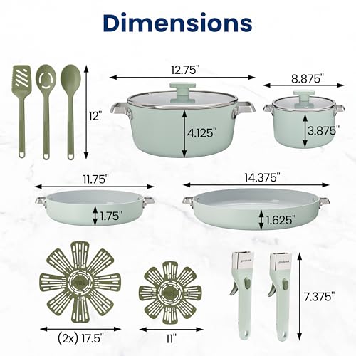 GoodCook Ceramic Cookware Set 14-Piece with Removable Handles, Nonstick Pots & Pans, Induction & Oven Safe, Sage Green