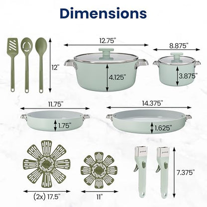 GoodCook Ceramic Cookware Set 14-Piece with Removable Handles, Nonstick Pots & Pans, Induction & Oven Safe, Sage Green
