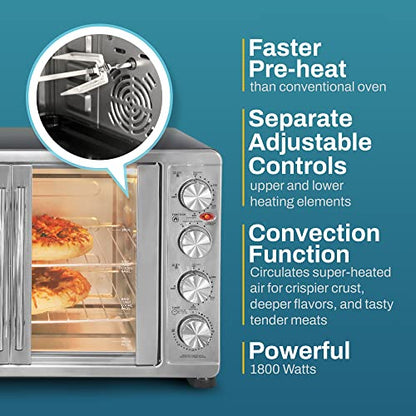 Elite Gourmet ETO4510MX French Door 47.5Qt, 18-Slice Convection Oven 4-Control Knobs, Bake Broil Toast Rotisserie Keep Warm, Includes 2 x 14" Pizza Racks, Stainless Steel
