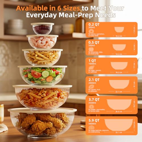 Jelife Glass Mixing Bowls with Lids Sets - 6 Packs Size: 5.9-3.7-2.1-1-0.5-0.2QT, Borosilicate Nesting Glass Bowls Containers for Baking,Salad,Meal Prep,Serving,Food Storage,BPA Free & Dishwasher Safe