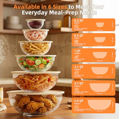 Jelife Glass Mixing Bowls with Lids Sets - 6 Packs Size: 5.9-3.7-2.1-1-0.5-0.2QT, Borosilicate Nesting Glass Bowls Containers for Baking,Salad,Meal Prep,Serving,Food Storage,BPA Free & Dishwasher Safe