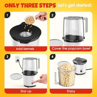 Hot Air Popcorn Popper Maker - Quick & Easy with Built-In Serving Bowl, 2-Quart Electric Popcorn Machine, Oil-Free Healthy Snack Maker for Home Movie Nights, Apartments & Dorms, ETL Certified(White)