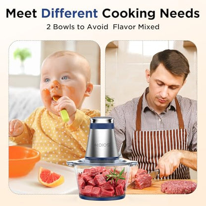 KOIOS Food Processor, 500W Electric Food Chopper with 2 Bowls (8 Cup+8 Cup) & 2 Bi-Level Blades&, Small Electric Grinder Meat Processor for Nuts, Meat, Onion, Garlic, Baby Food, Blue