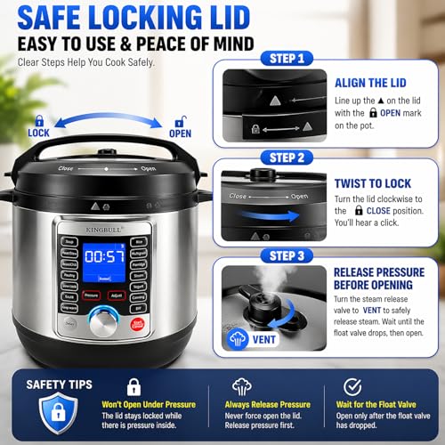 KINGBULL 14-in-1 Electric Pressure Cooker 6 Quart, Stainless Steel Multi Cooker with LCD Display, Slow Cooker, Rice Cooker, Steamer, Sauté, Yogurt Maker, Warmer, DIY Mode, Black
