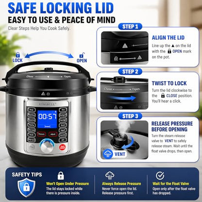 KINGBULL 14-in-1 Electric Pressure Cooker 6 Quart, Stainless Steel Multi Cooker with LCD Display, Slow Cooker, Rice Cooker, Steamer, Sauté, Yogurt Maker, Warmer, DIY Mode, Black