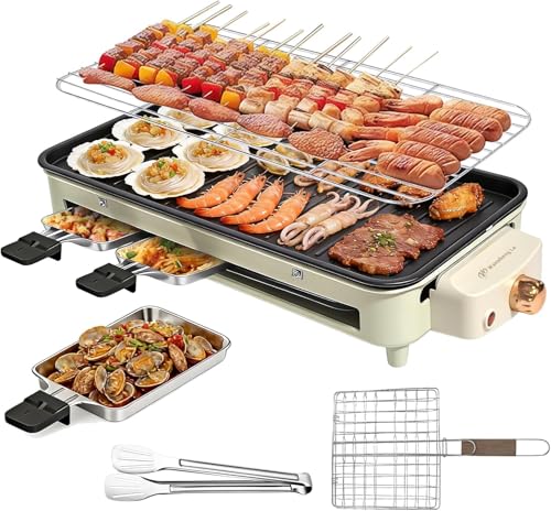 1500W Smokeless Electric Indoor Grill, 3 in 1 Korean Barbecue Grill with Net & Non-Stick Removable Plate and Magnet Strip, Temperature Control & Dishwasher Safe, Smokeless Korean BBQ for Kitchen Party