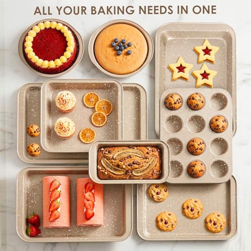 FLAREFX 11 Piece Baking Set | Nonstick & Non Toxic Bakeware Sets Baking Pans Set | Carbon Steel Baking Supplies Include Notebook, Cookie Sheets, Roasting Pan, Muffin Pan, Cake Pan, Pizza Pan, Loaf Pan